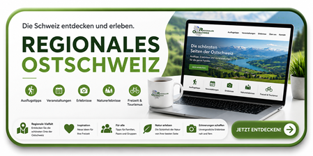 Button „Regionales Ostschweiz“ mit Laptop, Landschaft der Ostschweiz und Call-to-Action „Jetzt entdecken“ – Plattform für Ausflugstipps, Veranstaltungen, Naturerlebnisse, Freizeit und Tourismus in der Ostschweiz.