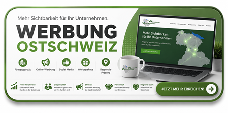 Werbung Ostschweiz – Plattform für regionale Online-Werbung mit Laptop, Website-Vorschau und Call-to-Action für mehr Sichtbarkeit von Unternehmen in der Ostschweiz.