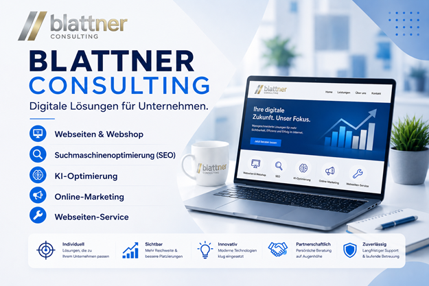 Werbebanner von Blattner Consulting mit dem Slogan „Digitale Lösungen für Unternehmen“. Links werden die Dienstleistungen Webseiten & Webshop, Suchmaschinenoptimierung (SEO), KI-Optimierung, Online-Marketing und Webseiten-Service mit passenden Symbolen vorgestellt. Rechts ist ein Laptop mit der Blattner-Consulting-Website zu sehen. Im unteren Bereich werden die Unternehmenswerte Individuell, Sichtbar, Innovativ, Partnerschaftlich und Zuverlässig hervorgehoben. Modernes Büroambiente in den Unternehmensfarben Blau und Weiss.