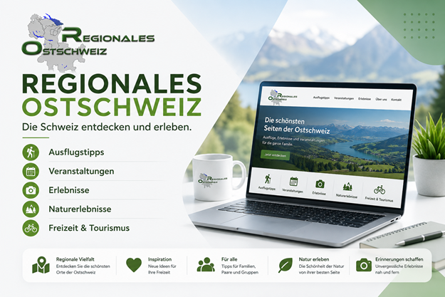 Werbebanner von Regionales Ostschweiz mit dem Slogan „Die Schweiz entdecken und erleben.“ Präsentiert werden die Themen Ausflugstipps, Veranstaltungen, Erlebnisse, Naturerlebnisse sowie Freizeit & Tourismus. Rechts ist ein Laptop mit der Website von Regionales Ostschweiz vor einer eindrucksvollen Schweizer Berg- und Seenlandschaft zu sehen. Im unteren Bereich werden die Vorteile Regionale Vielfalt, Inspiration, Für alle, Natur erleben und Erinnerungen schaffen hervorgehoben. Modernes Design in den Farben Grün, Weiss und Blau mit Fokus auf Freizeit, Natur und Tourismus in der Ostschweiz.